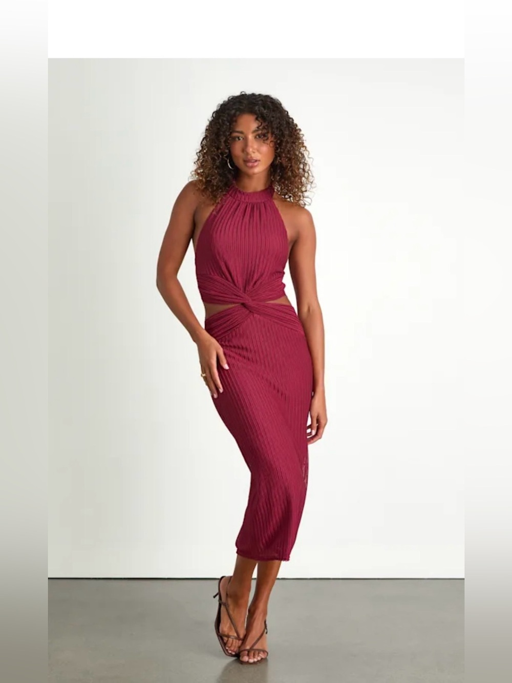 Lulu's Ribbed Twist-Knot Halter Midi Dress in Burgundy